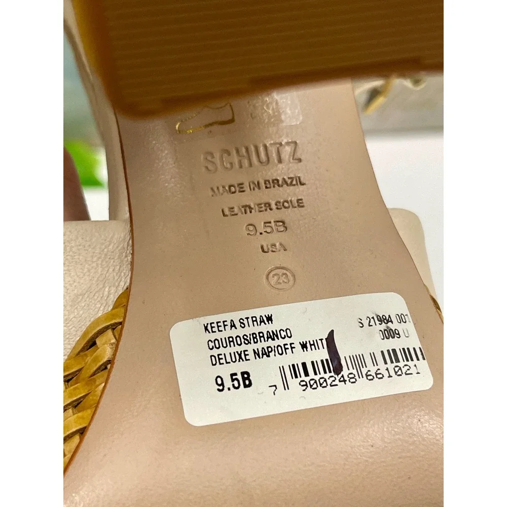New Schutz Keefa Straw Platform Sandals Off White Leather‎ Woven Block Heel 9.5